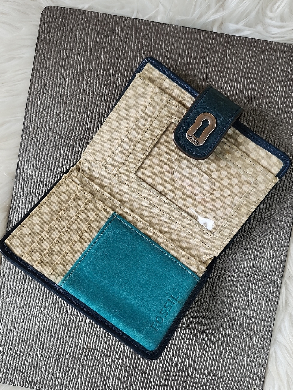 FOSSIL RUBY MULTI-COLOR COMPACT BI-FOLD LEATHER/SUEDE WALLET - Picture 7 of 12